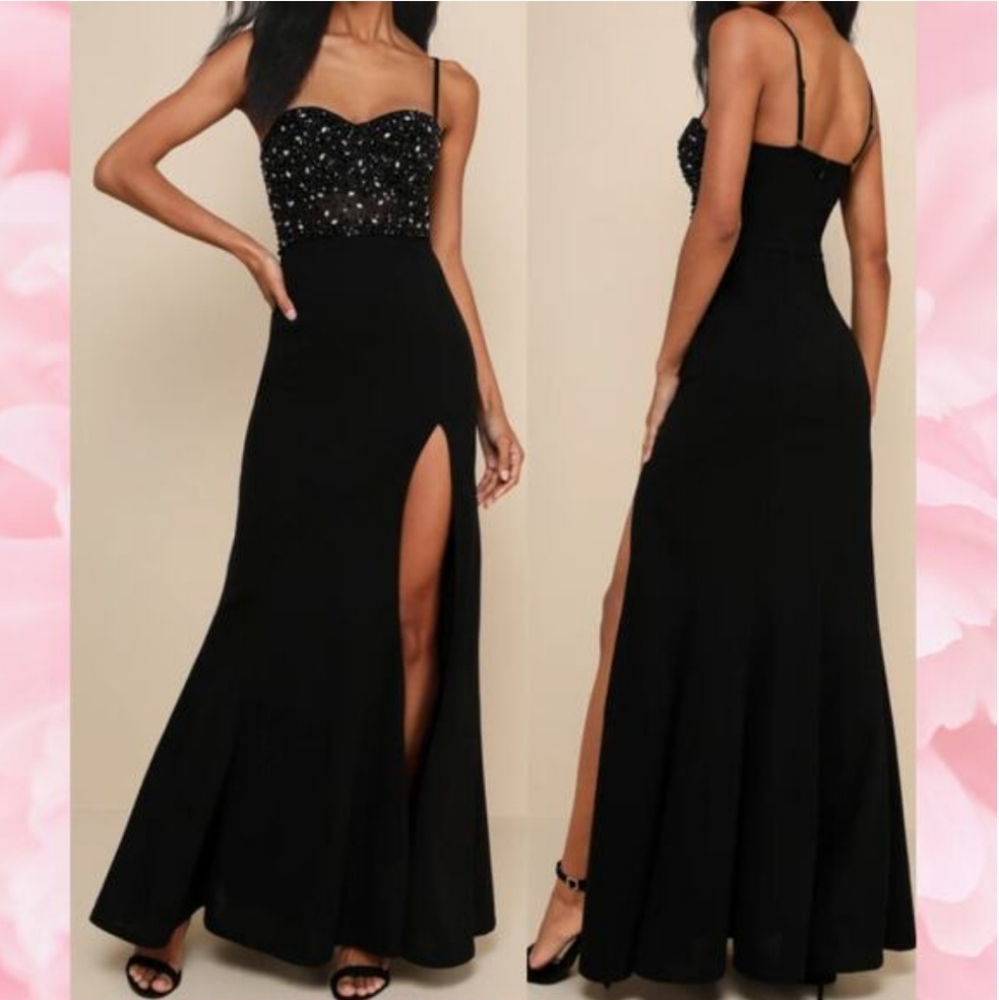 NWOT Lulu's Luxe Allure Black Beaded Rhinestone Bustier Maxi Dress Size Small